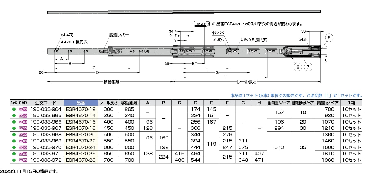 ステンレス スライドレール ESR4670 セルフ＆ソフトクロージング機構付